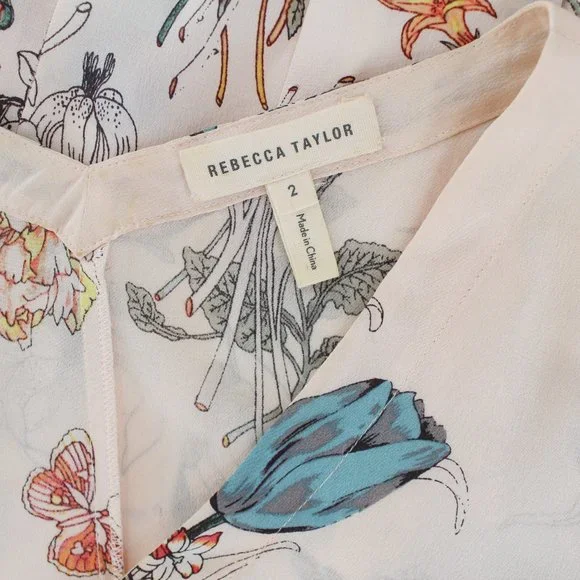 Rebecca Taylor 100%Silk Long Tie Sleeve Meadow Floral Top Pink Combo V-neck 2 - Picture 8 of 15